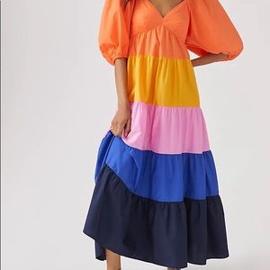 FARM RIO COLOR BLOCK TIERED MAXI DRESS